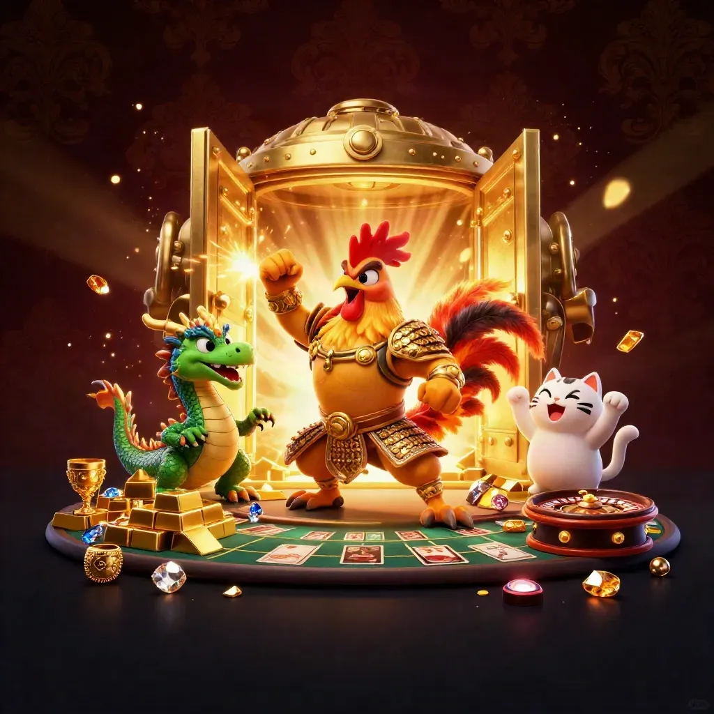 Rooster warrior, dragon hatchling, and fortune-cat explode from a treasure vault amid gold and casino lights.