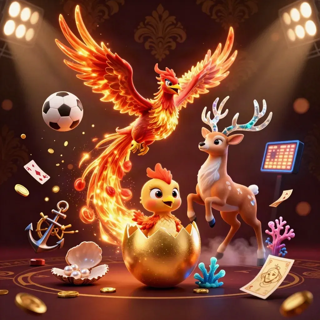 Fire phoenix, baby phoenix, and crystal stag amid casino sports props and treasure glow.