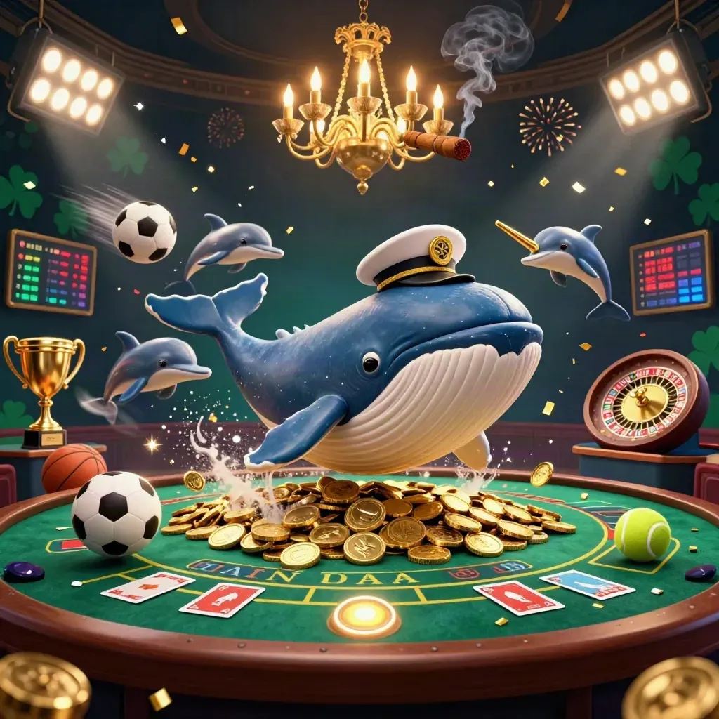 Whale, narwhal, and dolphins in a luxe casino room with coins, lights, and fireworks.