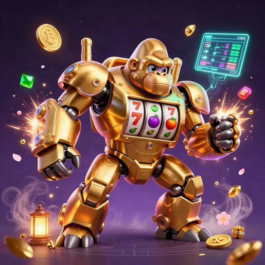 Golden gorilla mech with tiny monkey pilot, emerald sparks, coins and neon casino energy.
