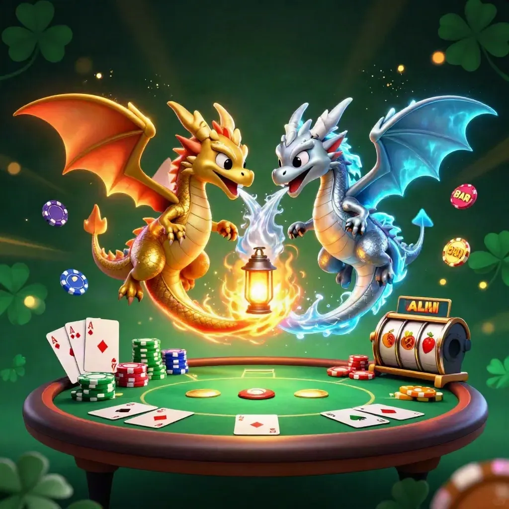 Twin gold and silver dragons swirl with cards, chips, and glowing casino magic