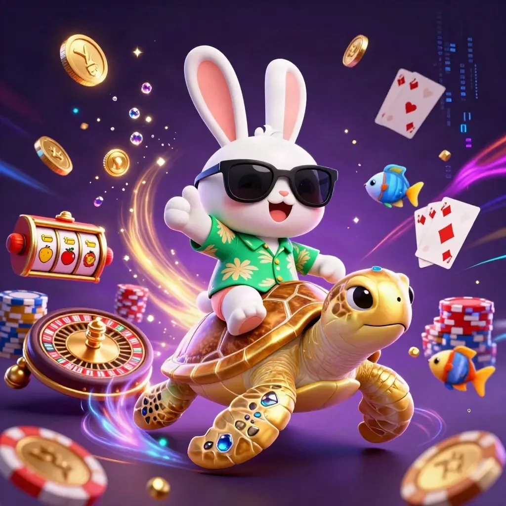 Lucky rabbit rides a gem-shelled sea turtle amid coins, cards, chips, and neon casino magic.