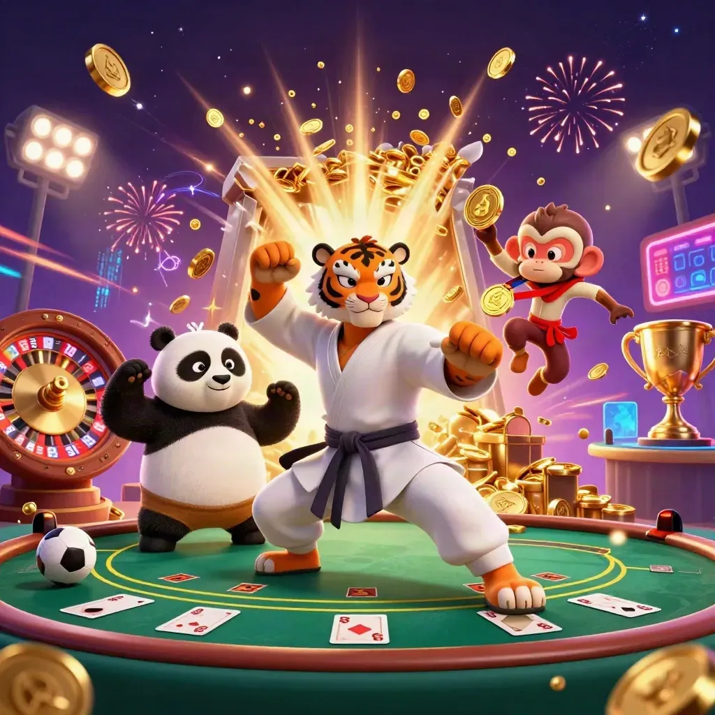 Kung-fu tiger, panda, and monkey amid vault gold, roulette, sports balls, and fireworks.