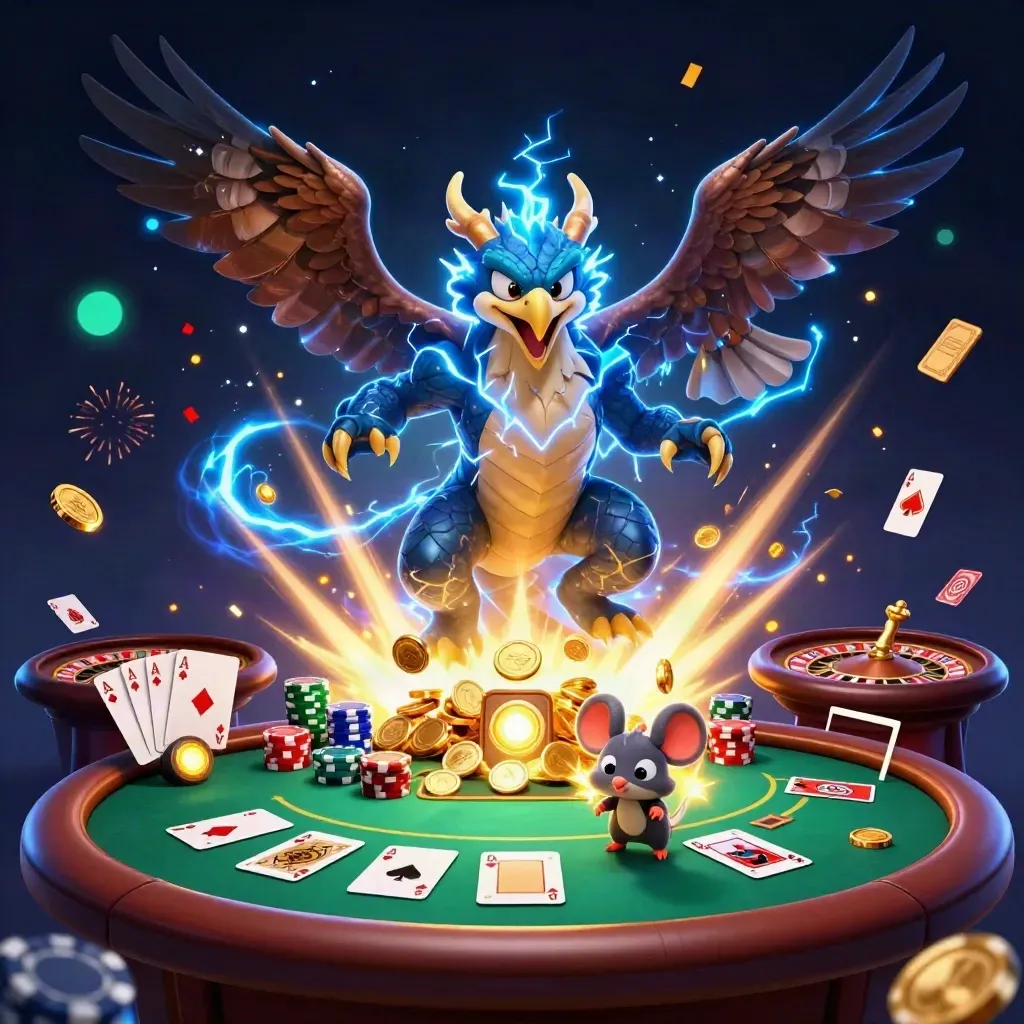 Thunder dragon, wind hawk, and thunder-mouse amid casino cards, coins, lightning, and fireworks