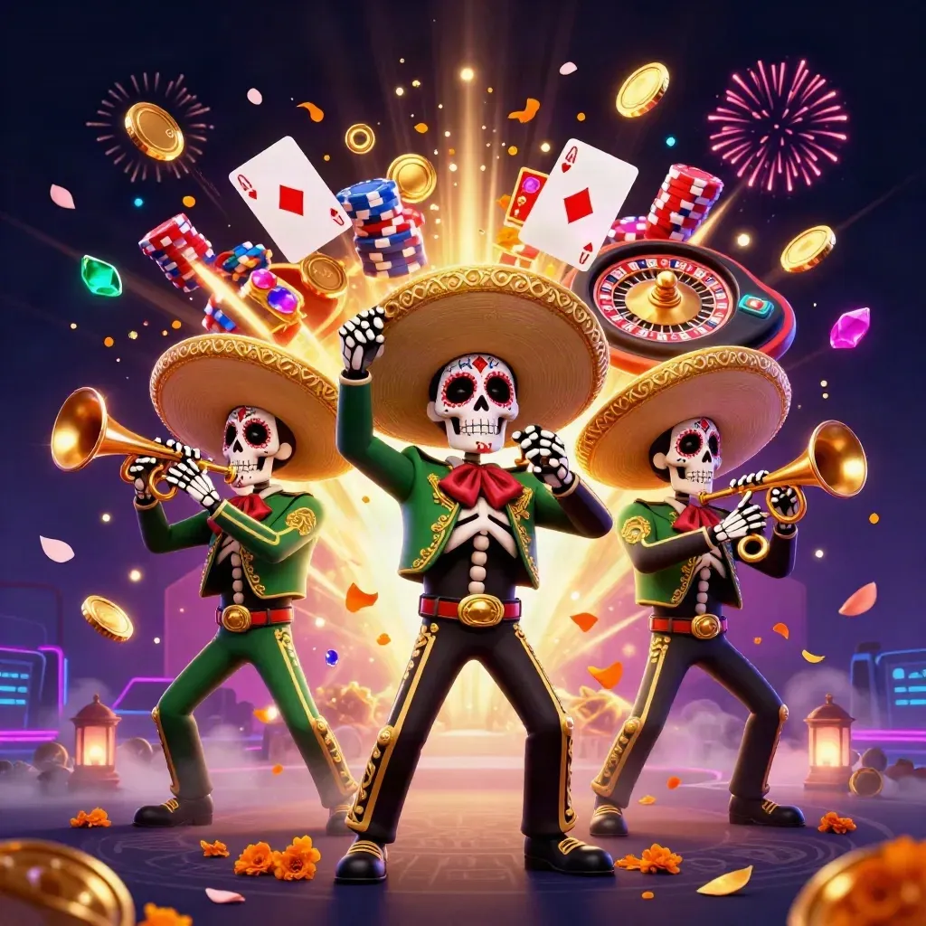 Day-of-the-Dead mariachi skeleton trio amid coins, gems, roulette, cards, and casino fireworks.