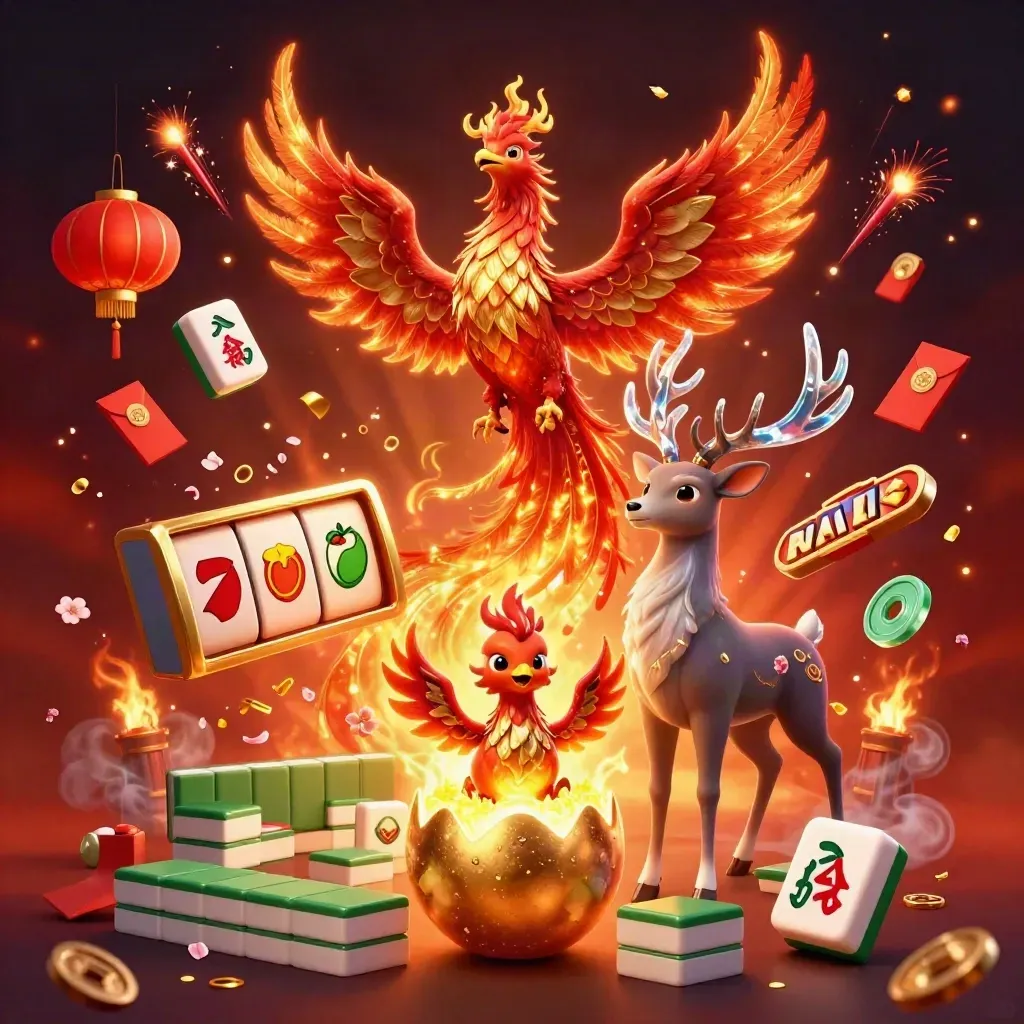 Phoenix, hatching chick, and crystal stag amid casino icons on a fiery gold path.