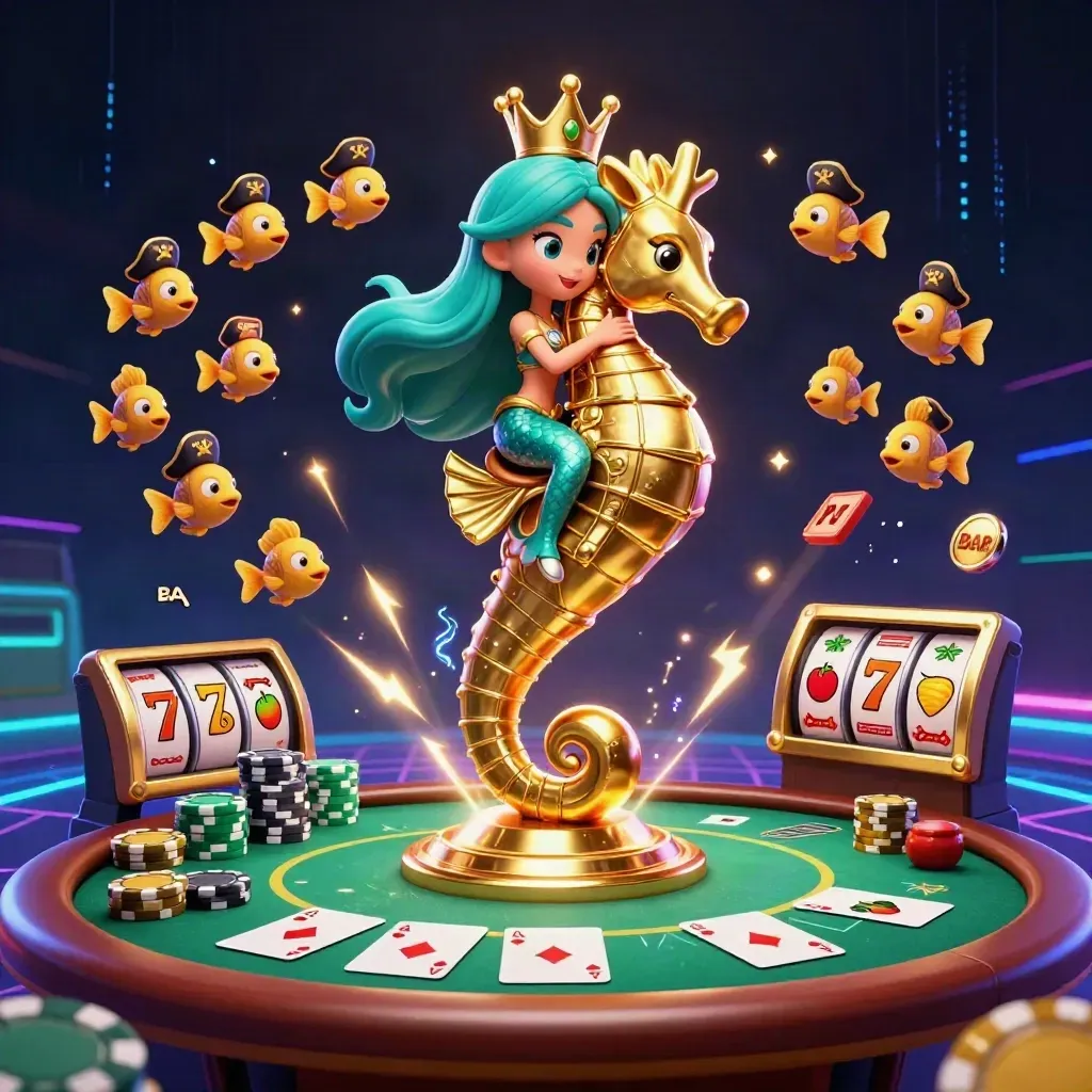 Mermaid princess on a golden seahorse amid chips, cards, reels, and neon casino energy.
